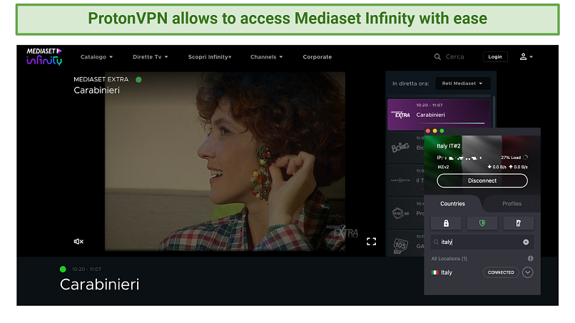 Screenhost of Proton VPN unblocking Mediaset Extra outside Italy