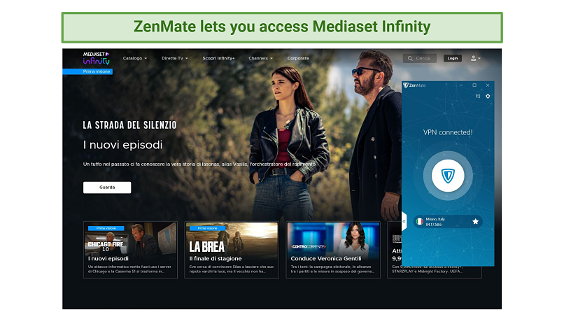 Screenshot showing ZenMate working with Mediaset Infinity