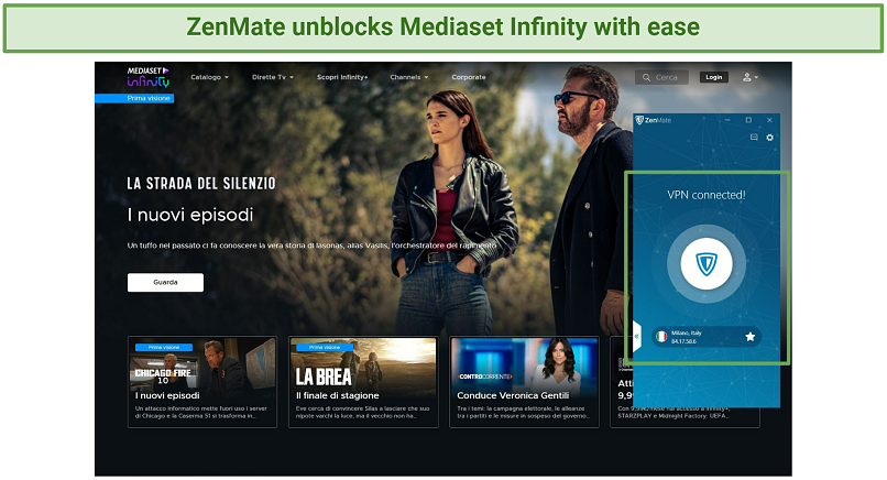 A screenshot of ZenMate unblocking Mediaset Infinity
