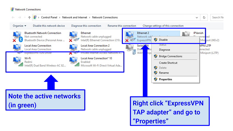 A screenshot of mobile hotspot setup using ExpressVPN adapter