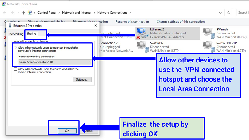 A screenshot of virtual router settings on Windows 10 with ExpressVPN