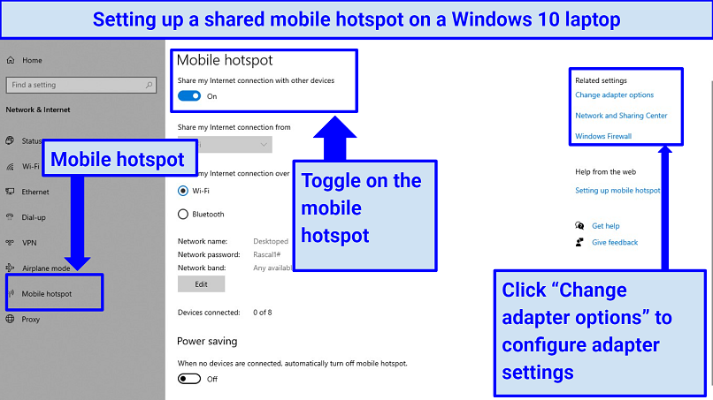 A screenshot of mobile hotspot setup on Windows 10