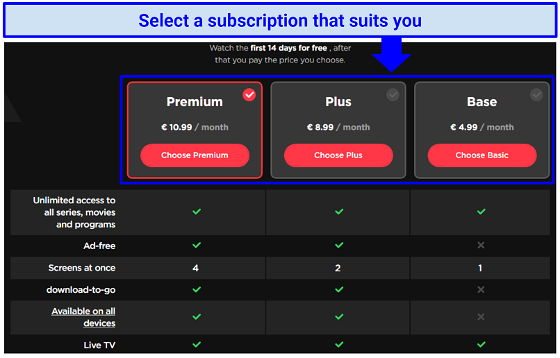 A screenshot showing the subscriptions available on Videoland