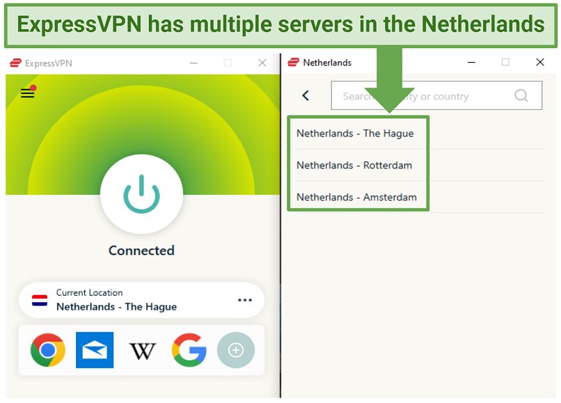 A screenshot showing ExpressVPN has many servers in the Netherlands