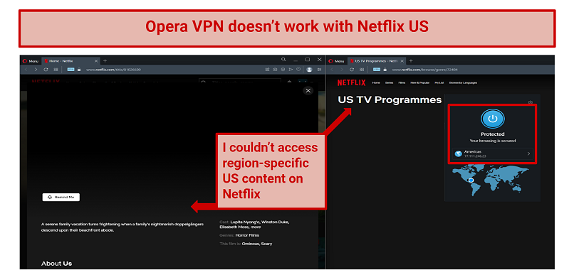 Screenshot of missing US-only content on Netflix with Opera VPN connected