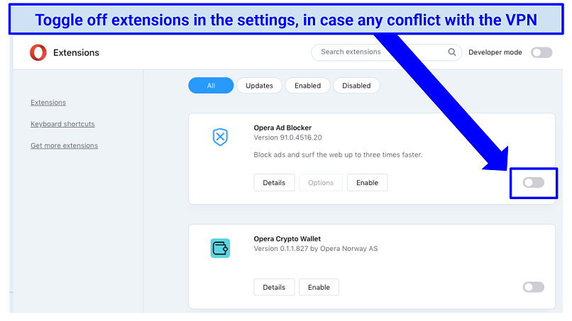 A screenshot of the Opera VPN extension settings, showing how to turn extensions off
