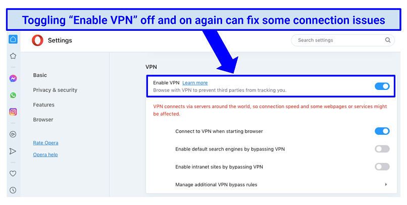 a screenshot of Opera VPN's settings, including the option to toggle 