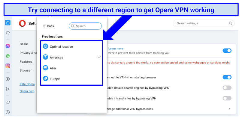 A screenshot of the different Opera VPN server regions, including optimal location, Americas, Asia, and Europe