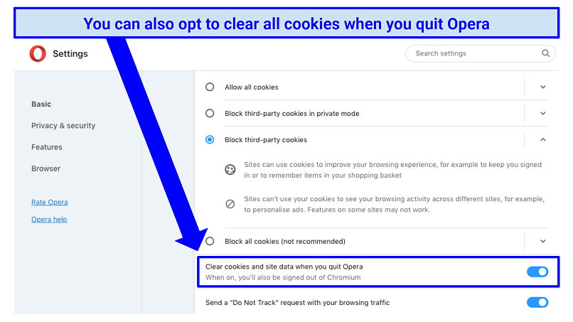 a screenshot showing how to clear cookies and site data on the Opera browser