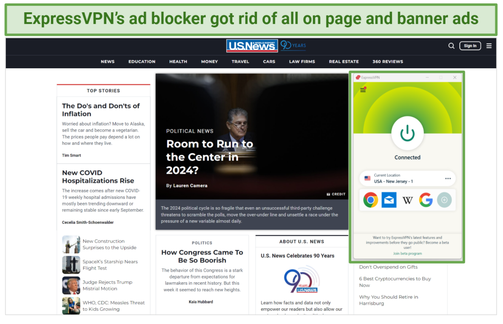 Screenshot of ExpressVPN removing ads from U.S. News site