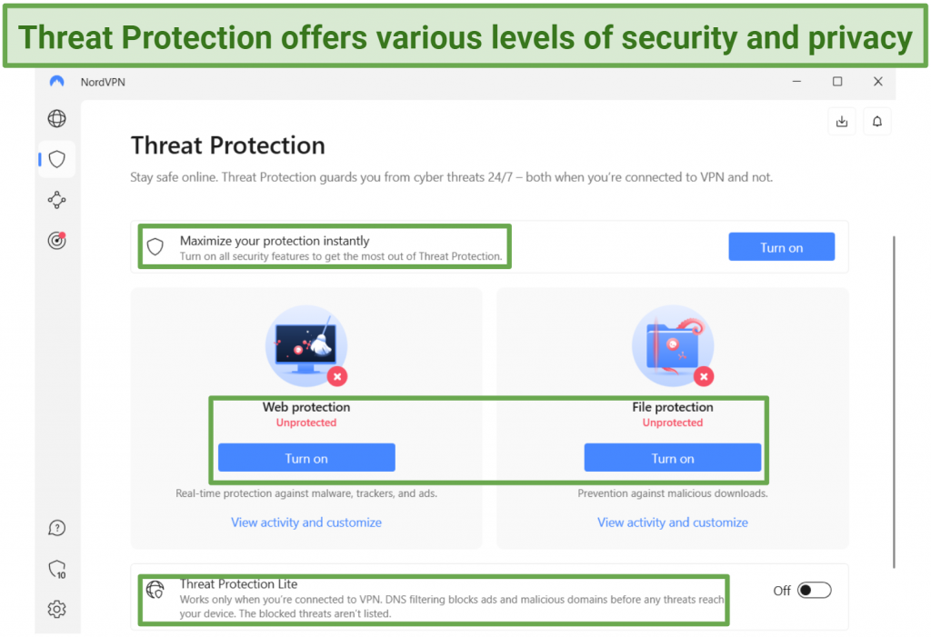 Screenshot of NordVPN's Threat protection settings.