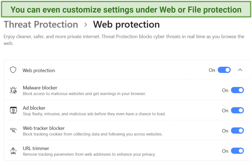 Screenshot of individual settings under NordVPN's Threat Protection Web.