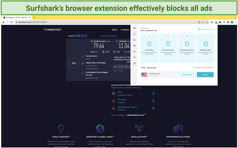 Screenshot showing Surfshark blocking ads on Speedtest.net