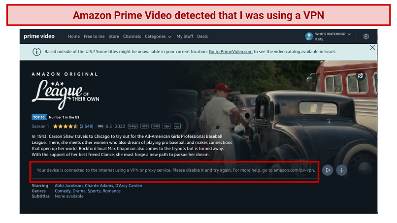 screenshot of BullVPN getting blocked by Amazon Prime Video