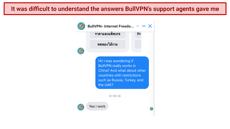 Screenshot of BullVPN's customer support