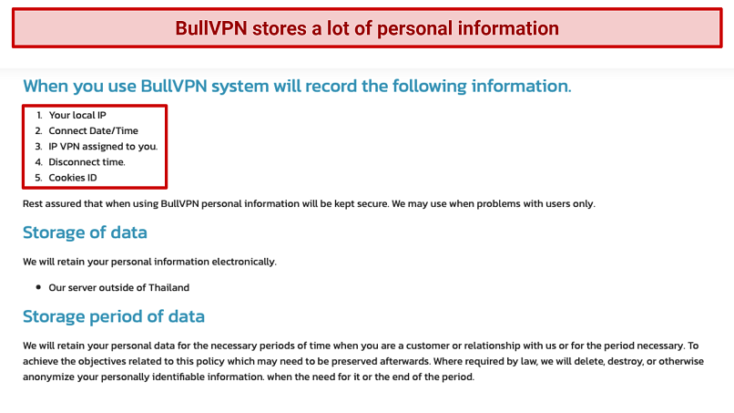 screenshot of BullVPN's privacy policy