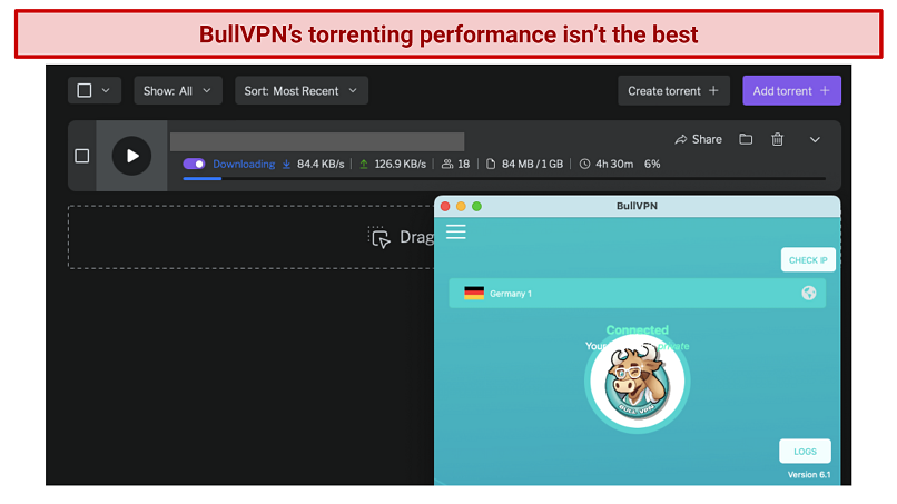 screenshot of BullVPN used for torrenting