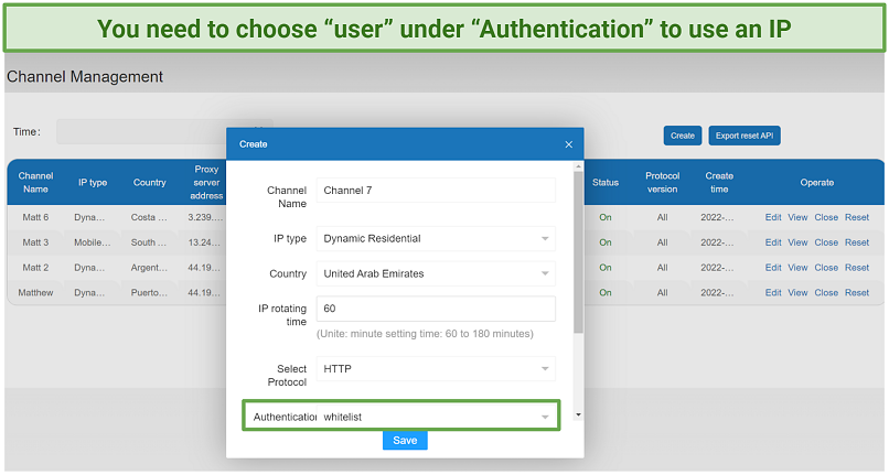 Screenshot of Dove Proxy account menu highlighting how to set up a channel