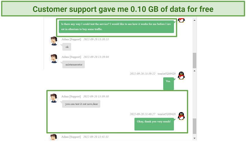 Screenshot of Dove Proxy's live chat where customer support gave me free data