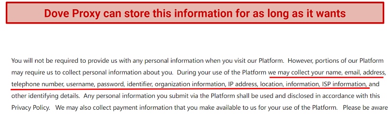 Screenshot of Dove Proxy's privacy policy highlighting the data it logs