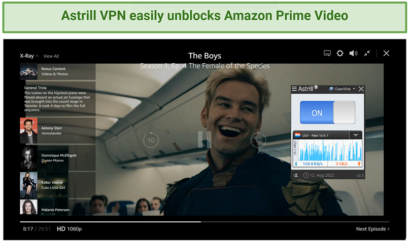 Screenshot of Astrill VPN unblocking Amazon Prime Video TV show (The Boys)