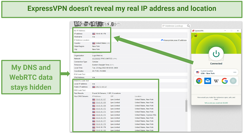 Screenshot of leak test results for the ExpressVPN New York server