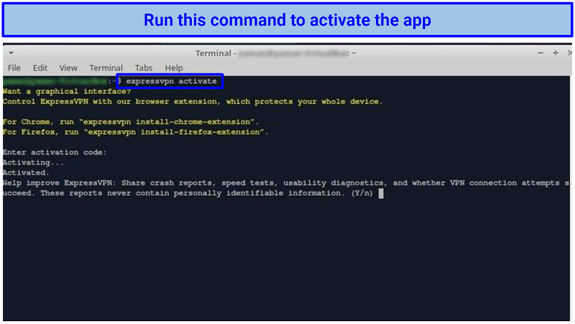 Screenshot of Linux Terminal (CLI) showing ExpressVPN activation command