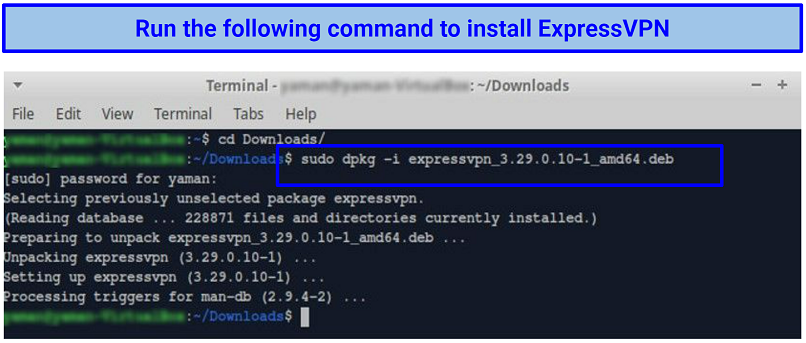 Screenshot of Linux Terminal (CLI) showing ExpressVPN installation command