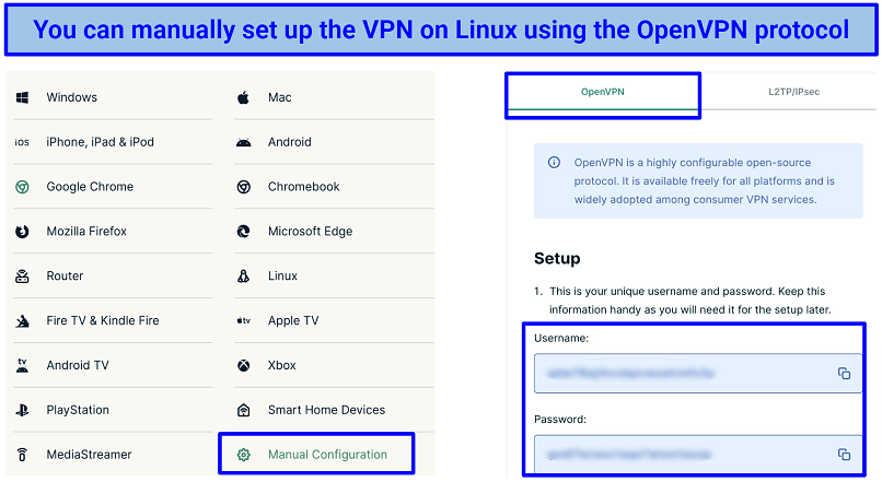 Screenshot of the ExpressVPN Manual Configuration for OpenVPN page