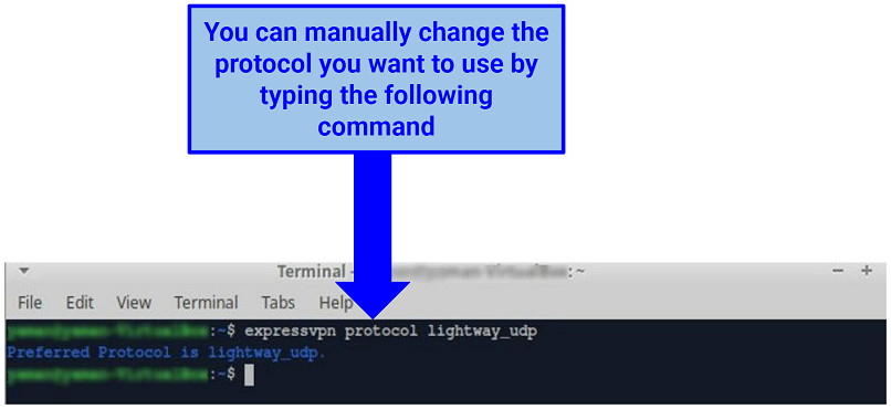 Screenshot of Linux Terminal (CLI) showing ExpressVPN protocol change command