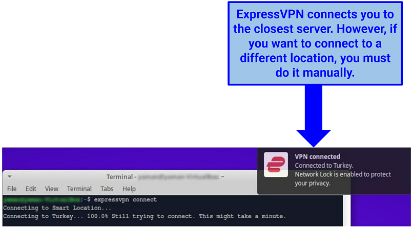 Screenshot of Linux Terminal (CLI) showing ExpressVPN connected notification