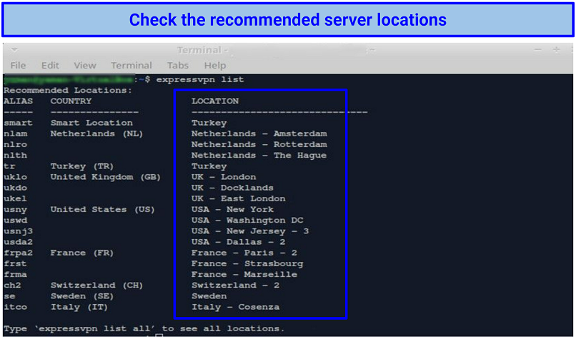 Screenshot of Linux Terminal (CLI) showing ExpressVPN server list