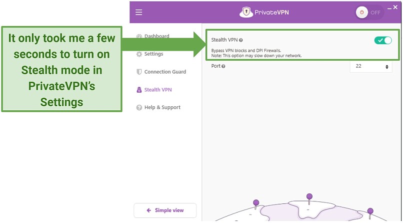 Screenshot of PrivateVPN's interface in Windows showing the Stealth VPN option turned on