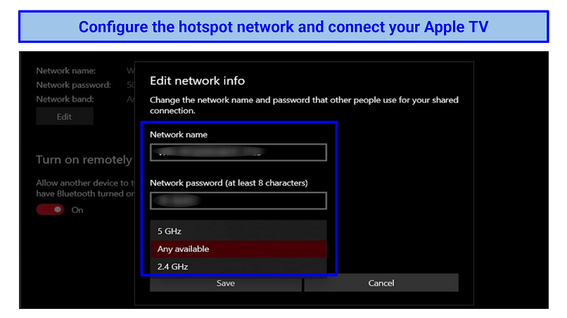 Screenshot of the Windows hotspot configuration