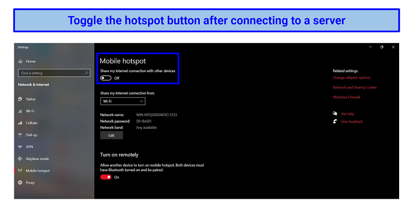 Screenshot of Windows 10 mobile hotspot turned off