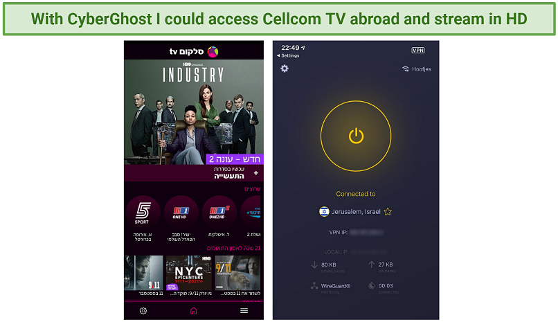 Screenshot of CyberGhost unblocking Cellcom TV