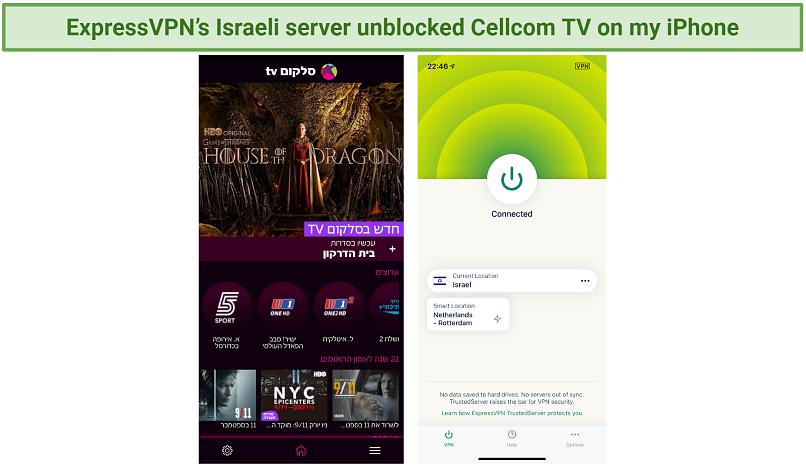 Screenshot of ExpressVPN unblocking Cellcom TV
