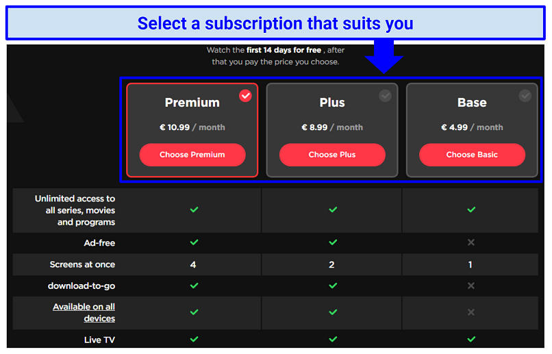 Screenshot of Videoland's plan types on its subscription page.