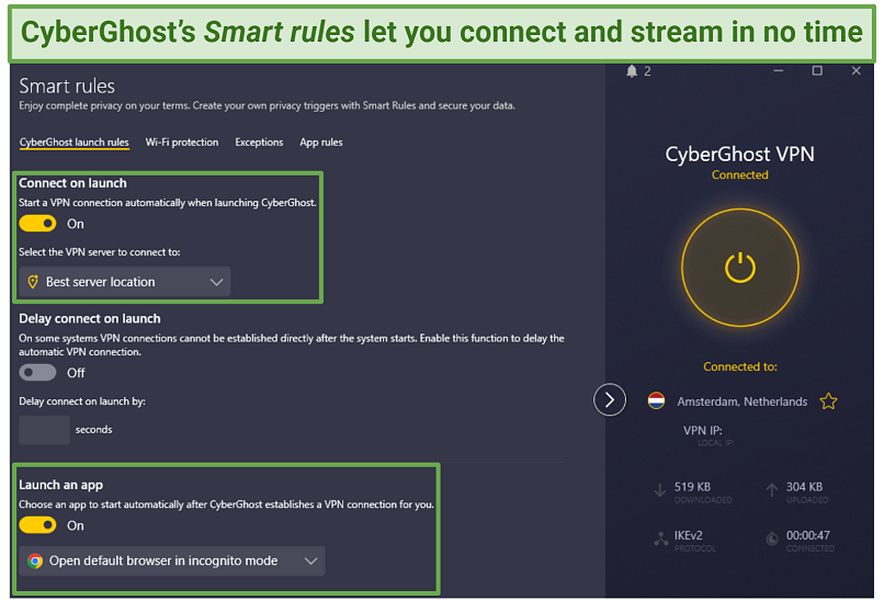 A screenshot showing CyberGhost's Smart rules set to connect to the best available server in the Netherlands for streaming Videoland