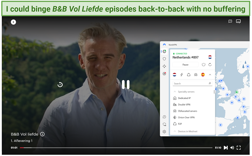 Streaming B&B Vol Liefde on Videloand while connected to NordVPN.