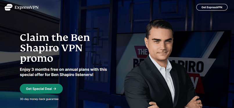 Image of Ben Shapiro, an advocate of internet security, on ExpressVPN promo page