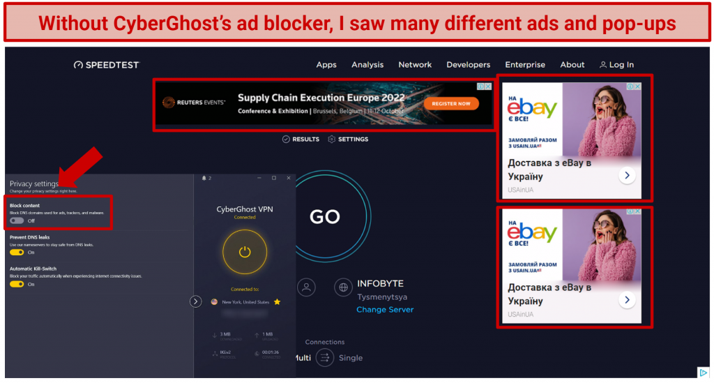 Picture of CyberGhost ad blocker turned off and the speedtest.net website showing ads