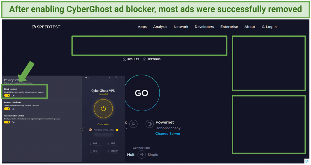 Picture of CyberGhost ad blocker turned on and the speedtest.net website not showing ads