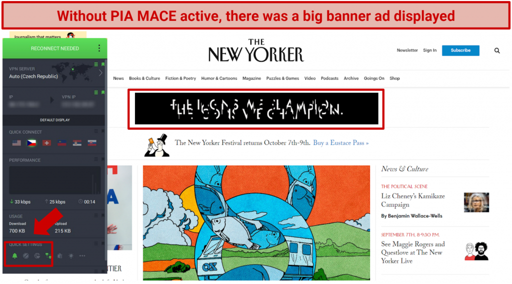 Screenshot of The New Yorker banner ad when PIA MACE isn't enabled