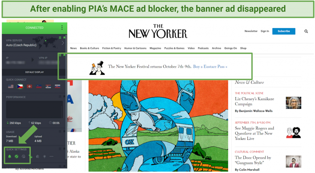 Screenshot of PIA MACE ad blocker stopping The New Yorker ads when enabled