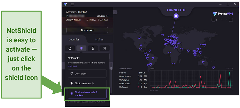 Screenshot showing how to activate Proton VPN's NetShield ad blocker