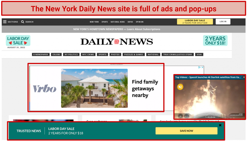 Screenshot of the New York Daily News website full of ads and pop-ups