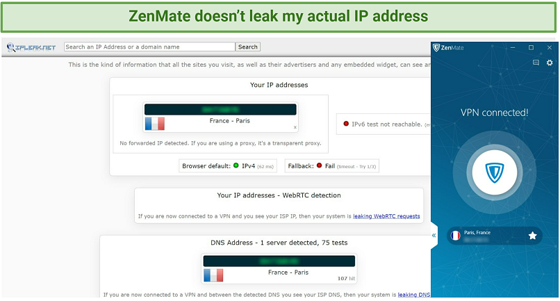 Screenshot of ZenMate successfully passing the IP leak test