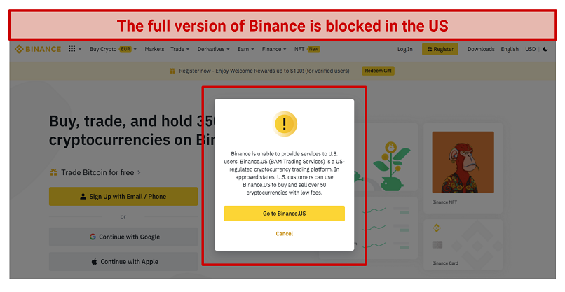 A screenshot of the Binance website with an error message for US users that redirects them to BinanceUS