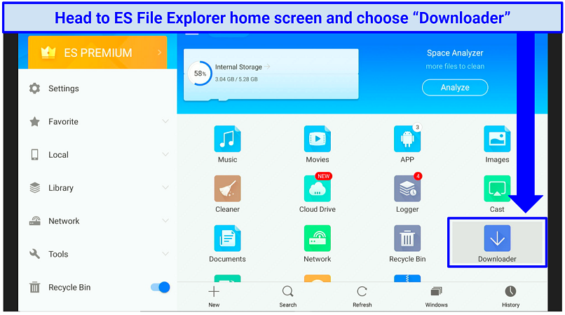 A screenshot showing the Downloader icon on ES File Explorer home screen